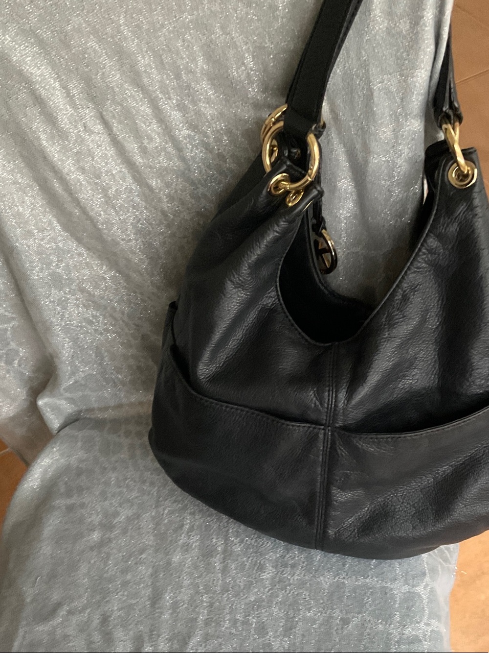 Michael Kors Black Leather Shoulder Bag with Gold-Tone Rings